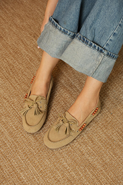 diclepolat Γυναικεία Μπεζ σουέντ παπούτσια Loafer με φούντες και κορδόνια, ca...