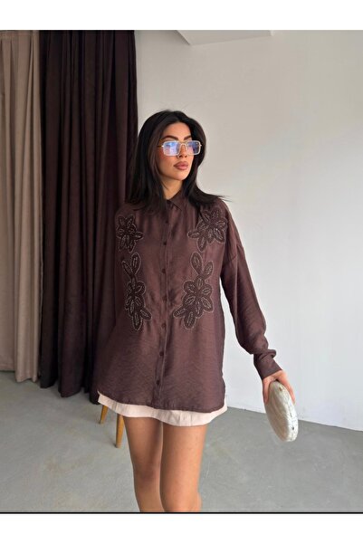 Tarzz Collection İşlemeli Kahverengi Gömlek