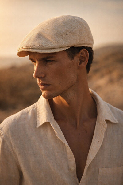 Külah Erkek Keten Premium Krem Şapka Yazlık Flat Cap Kasket