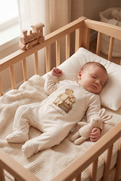 Overoz Baby Boy Booties Jumpsuit with Teddy Bear Print and Snap Fasteners Ecr...