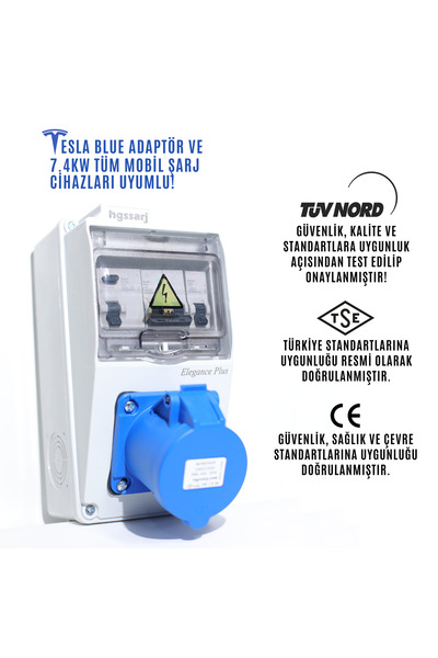 hgsşarj ''Elegance PLUS'' 7..4kW Monofaze Elektrikli Araç Şarj Cihazı Kombinasyon Kutusu Tesla Blue Uyumlu