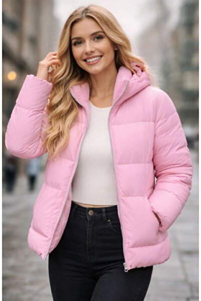 LUXON COLLECTION KAPÜŞONLU TORBA CEP ŞİŞME MONT PEMBE RENK (KADIN)