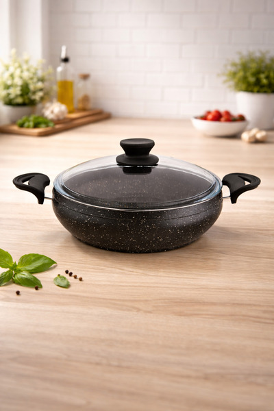 LAVONNI Granit Pro 24 Cm Basık Granit Güveç Tencere Siyah Bakalit Saplı Cam K...