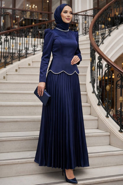 N.S NEVA STYLE Σατέν Σκούρο Μπλε Ινδιγκό Βραδινό Φόρεμα Τεσεττίρ 5462KIM