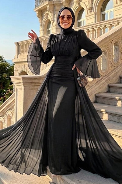 Neva Style فستان سهرة أسود محتشم بذيل طويل 4986S