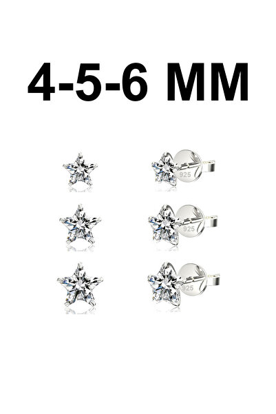 Silver Station 925 Ayar Gümüş Yıldız Tektaş Küpe, Tek Taş Set Küpe 4-5-6 Mm