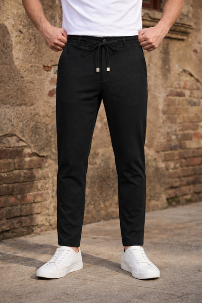 İLKCET MODA بنطلون رجالي أسود مريح بقصة مريحة ورباطات يومية