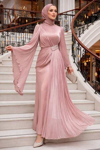 N.S NEVA STYLE - Βραδινό φόρεμα με μανίκια Volan Dusty Rose Hijab 5322GK