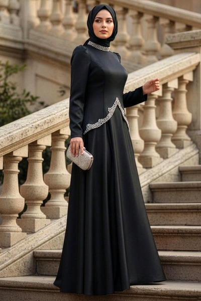 N.S NEVA STYLE Σατέν Μαύρο Βραδινό Φόρεμα Τεσεττούρ 5459S