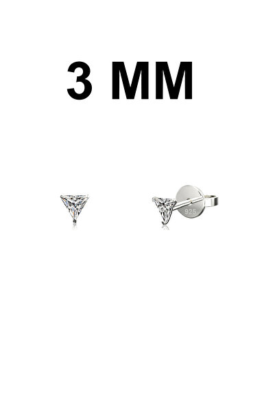 Silver Station 925 Ayar Gümüş 3Mm Tektaş Küpe, Üçgen Taşlı Gümüş Küpe