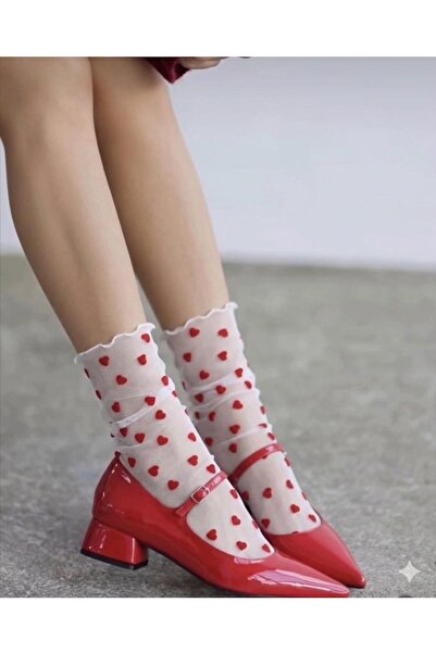 DİLARRA Boutique Kırmızı Kalpli Beyaz Tül Çorap