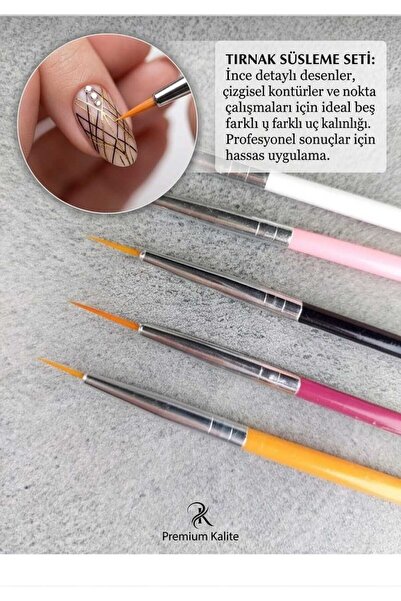 SEVRU Tırnak Süsleme Tasarım 5'li Fırça Seti, Nail Art Kalem Uv Tırnak Jel Çi...