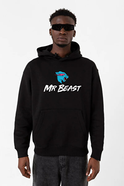 Tshirthane Mr Beast Siyah Erkek 3ip Kapşonlu Sweatshirt