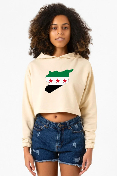 Tshirthane Syria New Flag Beige Women's Crop Hoodie