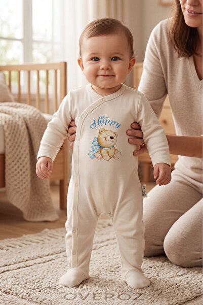 Overoz Baby Boy/Girl Overalls with Booties Happy Teddy Bear Printed Snap Fast...