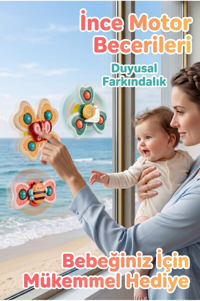 BBSKY Bebek Oyuncak 3’lü Hayvan Şekilli Vakumlu Döner Su ve Banyo Oyuncağı ABS Silikon Gelişim Oyuncağı
