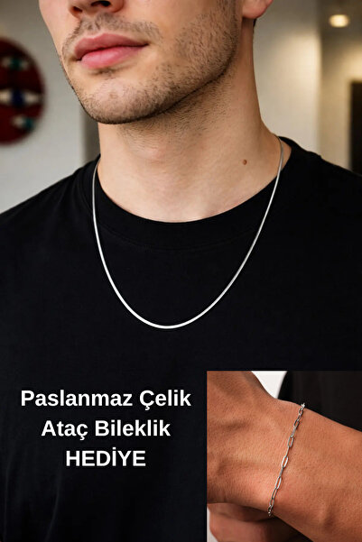 Tixy Pixy 316L Paslanmaz Çelik İtalyan Ezme Zincir Gümüş Erkek Kolye 60 cm