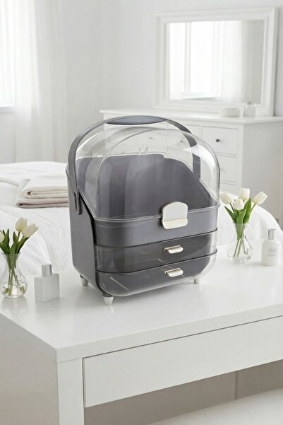 MAKRİ HOME Şeffaf Kapaklı Makyaj ve Takı Organizeri, Çekmeceli, Gri, (19×27×3...