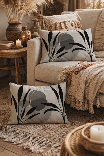 SasoHome Set of 2 Rectangular Throw Pillow Covers with Black Leaves Pattern o...