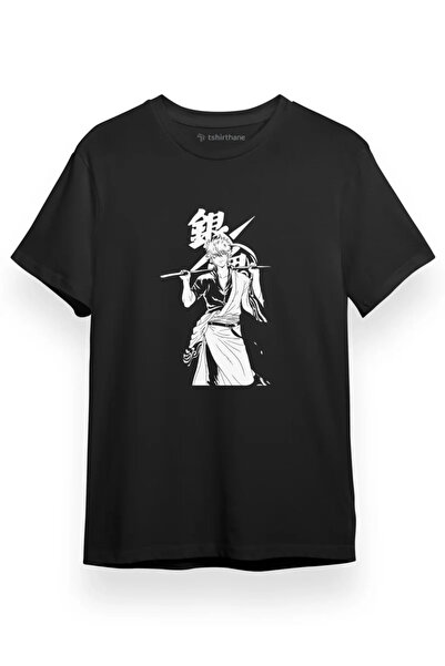 Tshirthane تي شيرت جينتاما أنيمي جينتوكي أسود أبيض أسود قصير الأكمام للرجال