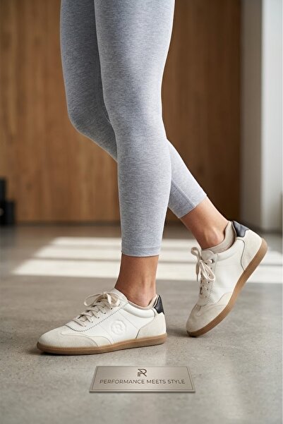 Mammamia Kadın Deri Casual Ayakkabı /Beyaz Kum Beji / Rahat Bağcıklı Sneaker/...