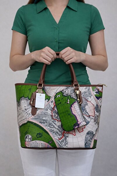 mothers dream Elegant Printed Tote Handbag –Green/beige, Stylish Large Capaci...