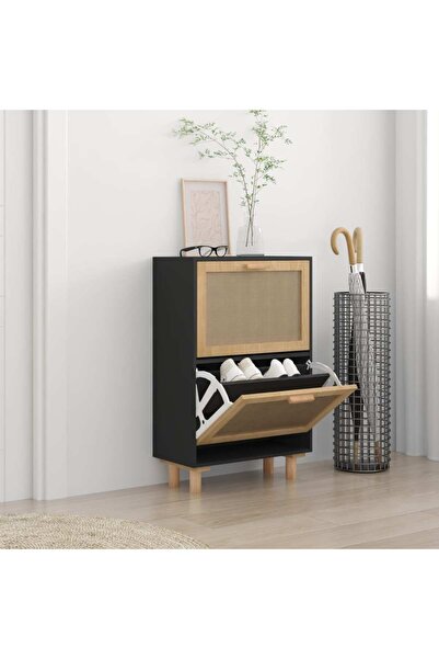 Concept Pantofar, negru, 52x25x80 cm, lemn prelucrat și ratan