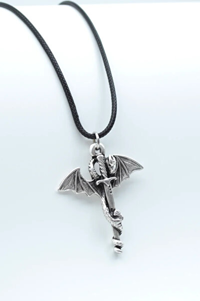 ıdr Ejderha Kılıç Gümüş Kaplama Deri İp Kolye