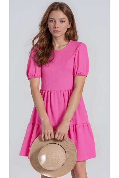 DEVRİMAY TEKSTİL Γυναικείο μπαλόνι μανίκι στριφτό ροζ φόρεμα