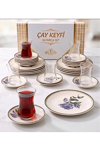 ÇEYZAL 6 Kişilik Çay Sunum Seti - 18 Parça Mor Gül Desenli Çay ve Pasta Takımı