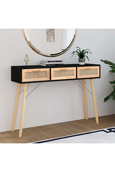 Concept Masă consolă negru 105x30x75 cm lemn masiv pin și ratan