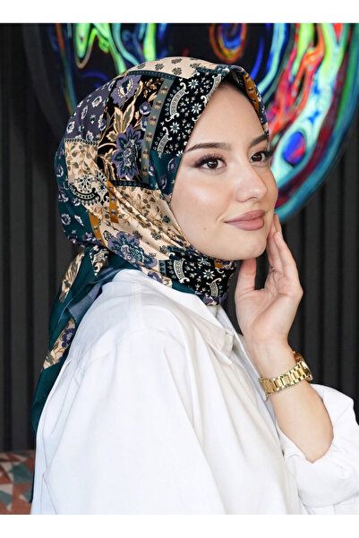 AFVENTE Floral Desen Petrol Soft Pamuk Eşarp