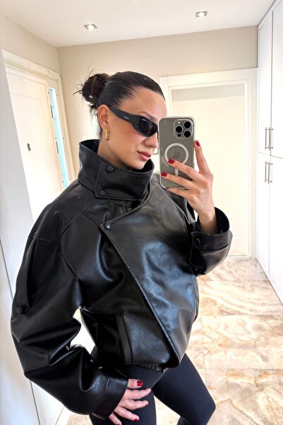 COJIKO Women's Oversize Zr Model High Collar Leather Jacket