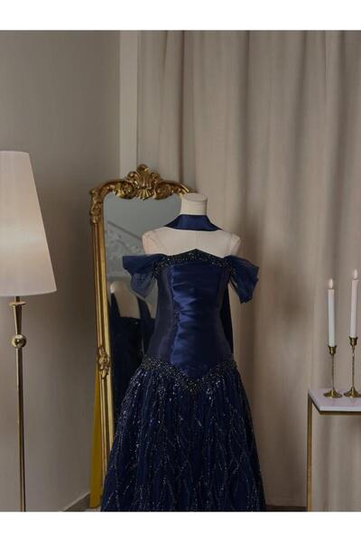 vanus fashion 6263- فستان كحلي فاخر بتصميم أوف شولدر