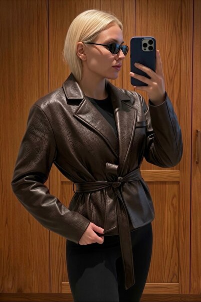 COJIKO Women's Bitter Brown Belt Detailed Double-Breasted Leather Jacket