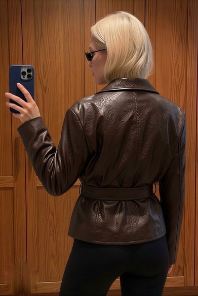 COJIKO Women's Bitter Brown Belt Detailed Double-Breasted Leather Jacket