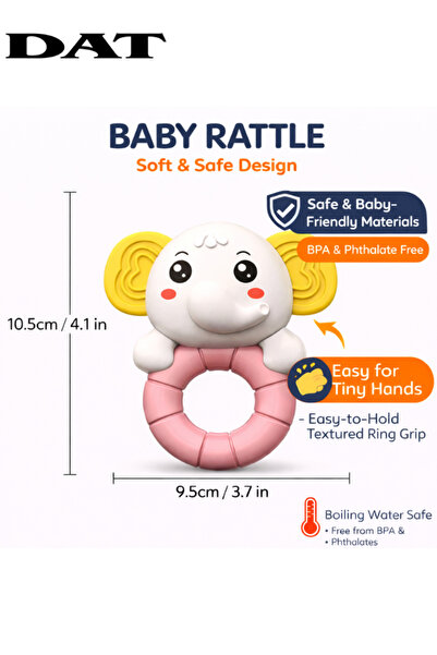 DAT Baby Rattle Elephant Ring Toy with Textured Easy-Grip Handle, BPA & Phtha...
