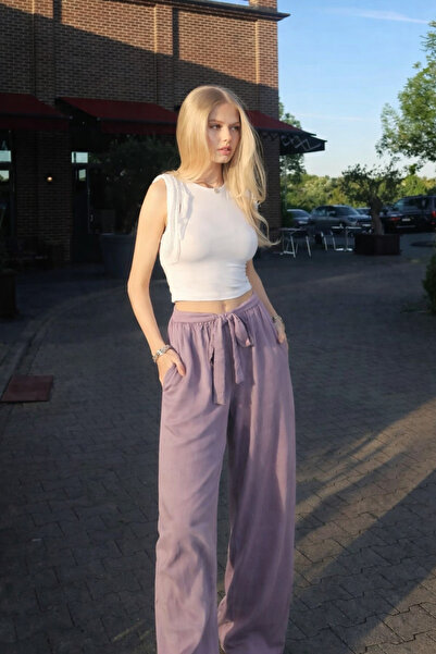 Markazzi Γυναικείο παντελόνι βισκόζης με φαρδιά μπατζάκια και ζώνη στη μέση -...