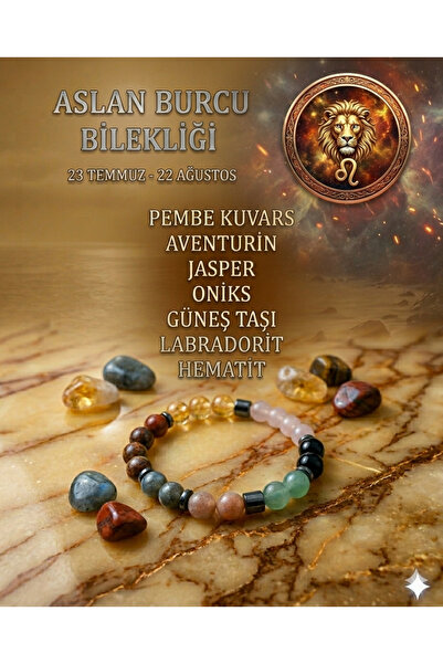 Tasarım Aslan Burcu Bilekliği - Sertifikalı - P. Kuvars, Aventurin, Jasper, O...