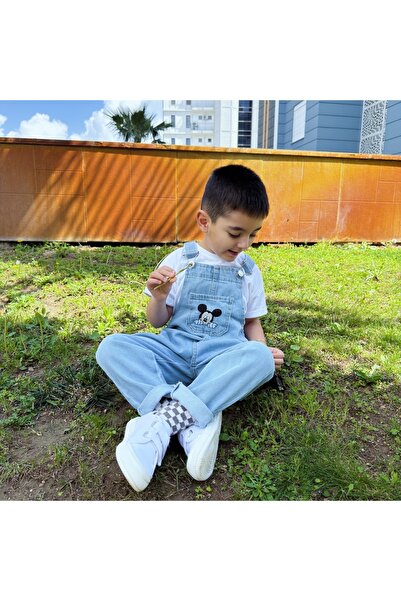 1Baby1Cat Mickey Mouse Nakış Detaylı Jean Çocuk Salopet