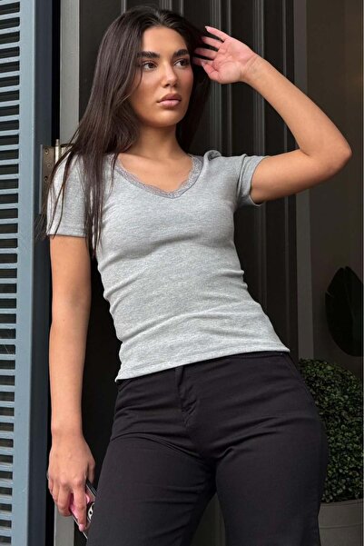 Madmext Tricou gri cu decolteu în V, pachet de dantelă slim fit pentru femei ...