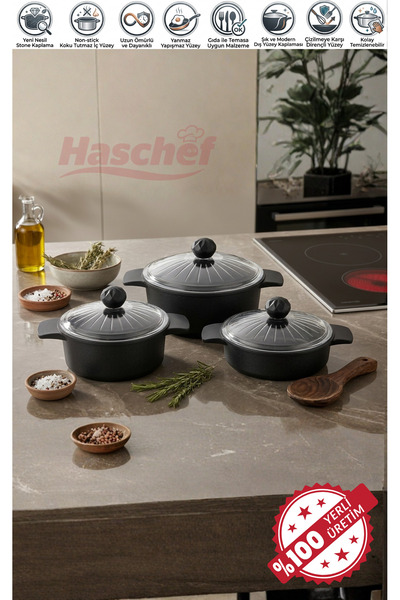HASCHEF Kristal Döküm Titanyum Kaplama Yanmaz Yapışmaz 6 Parça Set
