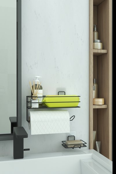 zabata Adhesive Bathroom Shelf Paper Towel Holder And Metal Soap Dish Set Organizer