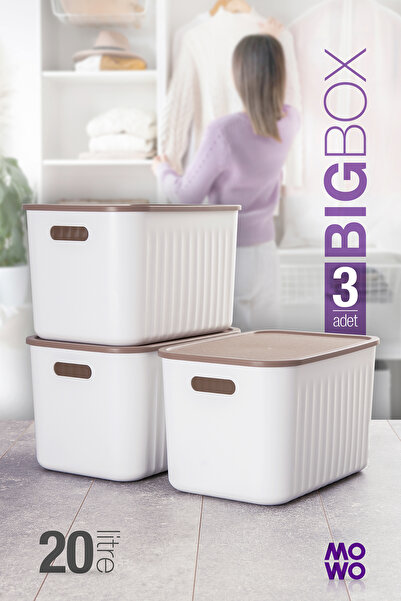 Mowo Home صندوق تخزين BigBox سعة 20 لتر، 3 قطع، منظم خزانة أبيض اللون مع غطاء...