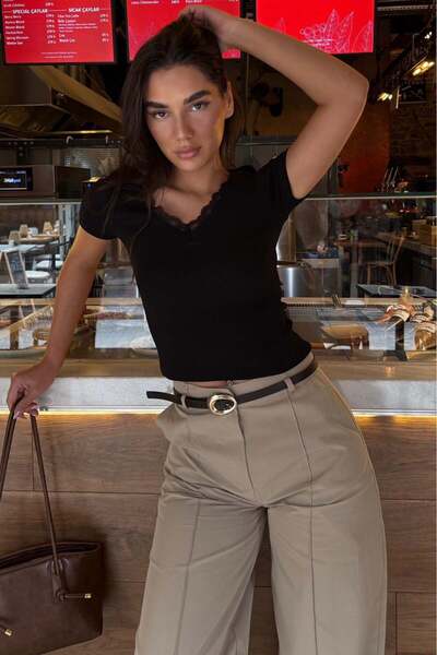 Madmext Μαύρο γυναικείο μπλουζάκι με λαιμόκοψη V, συσκευασία Δαντέλα τεμαχίων...