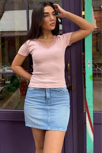 Madmext Pudra V-Neck dantelă perechi slim fit Tricou de damă MG2683