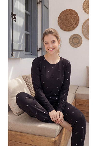 Miss Meryem Siyah Ring Viskon Yıldız Desenli Uzun Kol Pijama Takım