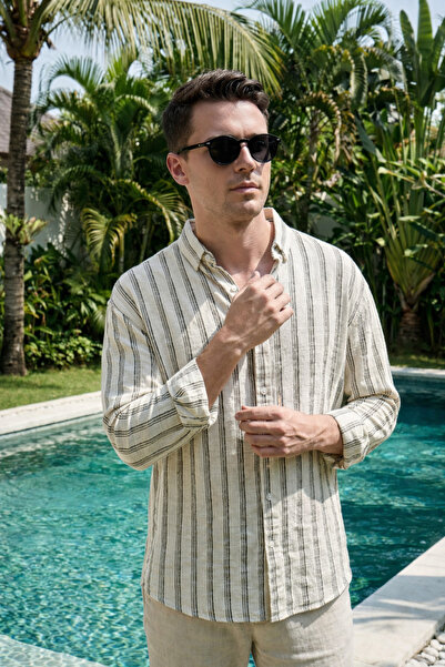 İLKCET MODA Black Striped Long Sleeve Men's Linen Shirt