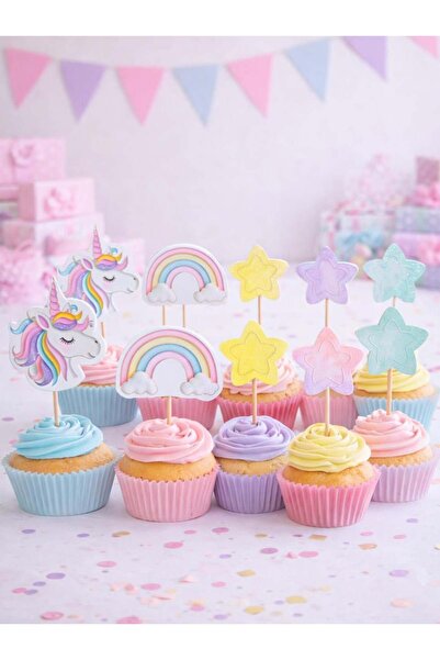 Parti Adresi Unicorn Temalı Kürdan Cupcake Kürdanı Pasta Süsü 10'lu