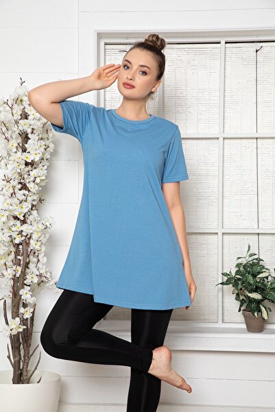 MyBen Дамска памучна синя памучна туника с кръгла яка с къс ръкав и бельо Slm03